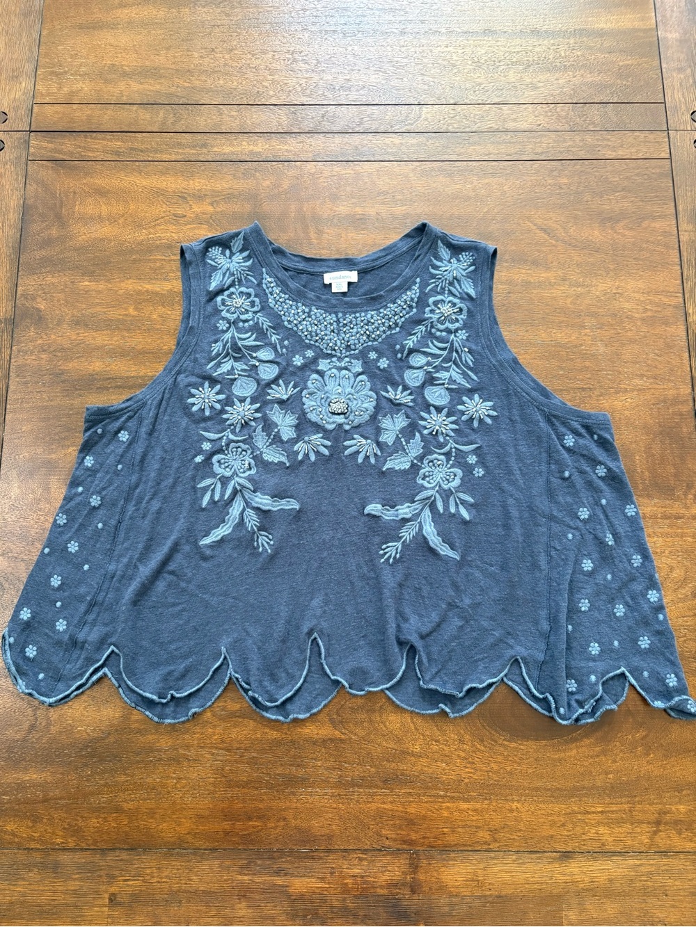 Sundance 100% Linen Flowy Tank Top Blue Embroidered Flowers Sleeveless Boho XXL